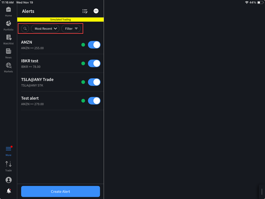 The alert filters on the iPad
